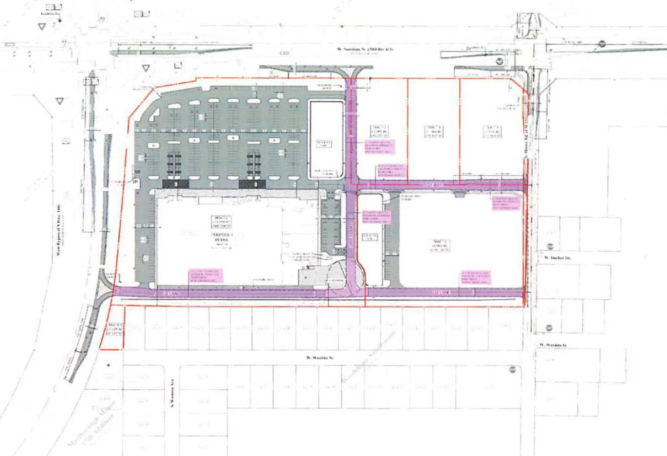 On this plan for Sunshine Towne Center, interior access roads are shaded in purple. The proposed community improvement district is the area to the east of the purple road in the center of the image, and the proposed Target store is to the west of that purple line.  